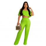 Green Women's Sexy Wrinkle Ruffle Edge Off Shoulder Wide Leg Pants Jumpsuit Set
