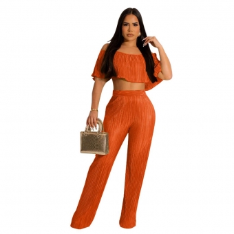 Orange Women's Sexy Wrinkle Ruffle Edge Off Shoulder Wide Leg Pants Jumpsuit Set