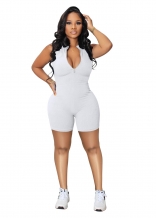 White Women's Zipper Deep V-Neck Sports Slim Fit Rompers Playsuits