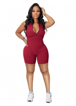 Red Women's Zipper Deep V-Neck Sports Slim Fit Rompers Playsuits