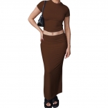 Brown Short Sleeve Tank Top Two Pieces Bodycon Women Midi Dress