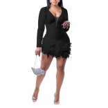 Black Fashion Women's Solid Deep V Feather Spliced Bodycon Short Jumpsuit