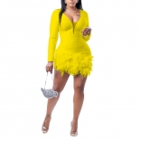 Yellow Fashion Women's Solid Deep V Feather Spliced Bodycon Short Jumpsuit