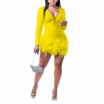 Yellow Fashion Women's Solid Deep V Feather Spliced Bodycon Short Jumpsuit