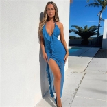 Blue Spicy Girl Backless Party Mesh Bodycon Skirt Mesh Ruffle Maxi Dress