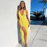 Yellow Spicy Girl Backless Party Mesh Bodycon Skirt Mesh Ruffle Maxi Dress