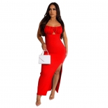 Red Women's Solid Strap Wrapped Chest Bodycon Sleeveless Long Dress