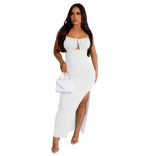 White Women's Solid Strap Wrapped Chest Bodycon Sleeveless Long Dress