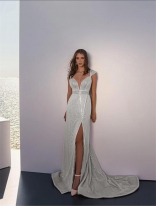 White Sleeveless Deep V-Neck Women's Sequin Prom Party Split Maxi Dress