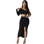 Black Women's Sexy Tight Fold Spliced Irregular Two Piece Midi Dress