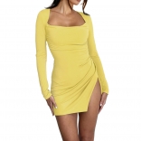Yellow Women's Sexy Backless Strap Bandage Split Mini Dress