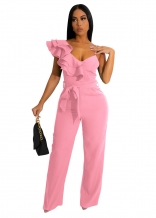 Pink Women's Ruffle One Shoulder Sleeveless Deep V Neck Bodycon Sexy Jumpsuit