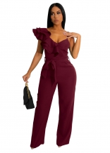 WineRed Women's Ruffle One Shoulder Sleeveless Deep V Neck Bodycon Sexy Jumpsuit