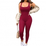 Red Sleeveless Tank Top Bodysuit  Party Bodycon Sports Sexy Jumpsuit