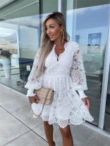 White Women's Lantern Sleeve Hollow Out Lace Evening Party Mini Skirt