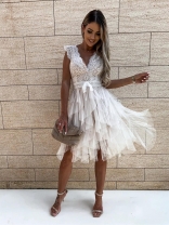 White Women's Lace Hollow Out Evening Party Mesh Tassels Skirt Dress