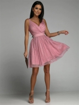 Pink Women's Fashion Cross V-Neck Mesh Skirt Sexy Evening Mini Dress