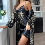 Black Women's Evening Lace Up Pajama Gown Long Sleepwear