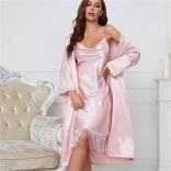 Pink Women's Thin Two Piece Sleepwear Sexy Casual Loose Strap Pajama