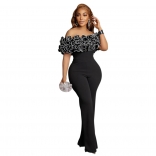 Black Sexy Bdoycon Boat Neck Ruffle Evening Party Lace Women Jumpsuit