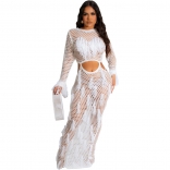 White Women's Handmade Tassel Knitted Casual Hollow Out Sequin Long Dress