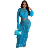 Blue Women's Handmade Tassel Knitted Casual Hollow Out Sequin Long Dress