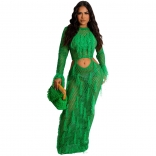 Green Women's Handmade Tassel Knitted Casual Hollow Out Sequin Long Dress