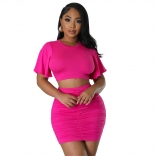 RoseRed Short Sleeve O Neck Pleated Women Wrapped Hip Mini Dress Sets