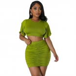 Green Short Sleeve O Neck Pleated Women Wrapped Hip Mini Dress Sets