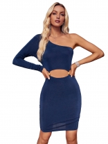 RoyalBlue Women's Casual One Shoulder Hight Waist Hollow Out Bodycon Dress