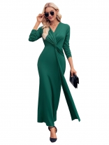Green Women's Long Sleeve V-neck Fashion Bodycon Prom Evening Dress