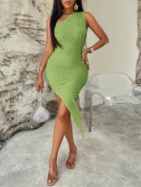 Green Sleeveless Sexy Women's Slant Neck Solid Bodycon Midi Dress