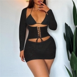 Black Spicy Girl Hollow out Straps Lace Mesh Bodycon Sexy Dress