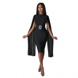 Black Women's Chiffon Flying Sleeves Mesh Diamond Belt Solid Sexy Slim Fit Bodycon Mini Dress