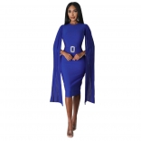 Blue Women's Chiffon Flying Sleeves Mesh Diamond Belt Solid Sexy Slim Fit Bodycon Mini Dress