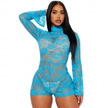 Blue Lace Long Sleeve Mesh Sexy Women Party Romper Playsuits