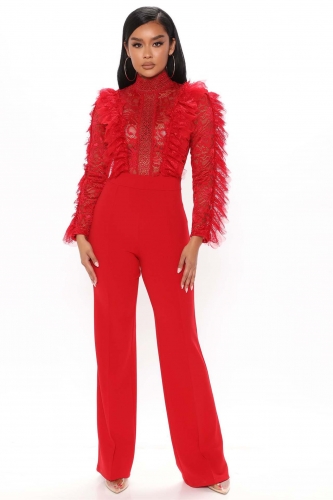 Red Lace Mesh Hollow-out Bodycon Sexy Tassels Women Jumpsuit
