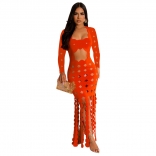 Orange Long Sleeve Burnt Hollow Out Sexy Nightclub Bandage Maxi Dress