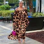 Leopard Off-Shoulder Printed Long Sleeve Street Fashion Women Skirt Vintage Dress