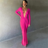 RoseRed Women's Fashion Sexy Party V-Neck Slim Fit Pleated Maxi Dress