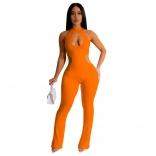 Orange Fashion Women's Solid Sexy Hanging Neck Hollow Out Long Pants Jumpsuit