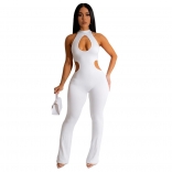 White Fashion Women's Solid Sexy Hanging Neck Hollow Out Long Pants Jumpsuit
