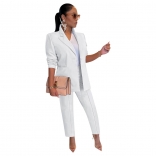 White Women's Suit Set Coat Pants Two Piece Casual Suit Office OL Jumpsuit