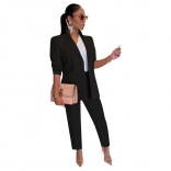 Black Women's Suit Set Coat Pants Two Piece Casual Suit Office OL Jumpsuit