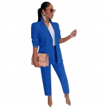 Blue Women's Suit Set Coat Pants Two Piece Casual Suit Office OL Jumpsuit