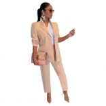 Beige Women's Suit Set Coat Pants Two Piece Casual Suit Office OL Jumpsuit