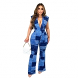Blue Fashion Women's Denim Print Lace up Sleeveless Pants Jumpsuit