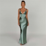 Green Women's Fashion Trend Elegant Straps Deep V Neck Formal Maxi Dress