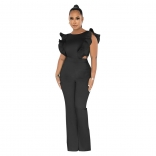 Black Women's New Fashion Ruffled Round Neck Solid Bodycon Party Sexy Jumpsuit