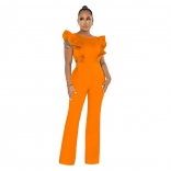 Orange Women's New Fashion Ruffled Round Neck Solid Bodycon Party Sexy Jumpsuit